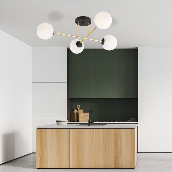 Medium plafondlamp messing en zwart met witte glazen bollen 4x E14