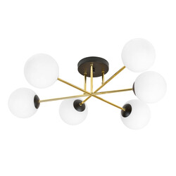 Grote plafondlamp messing zwart met bollen in wit glas 6x E14