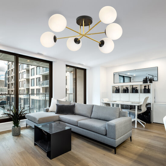 Grote plafondlamp messing zwart met bollen in wit glas 6x E14