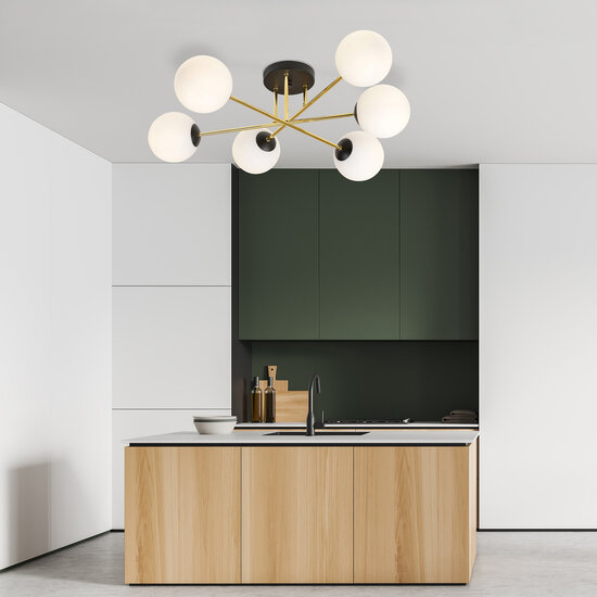 Large ceiling lamp brass black with balls in white glass 6x E14