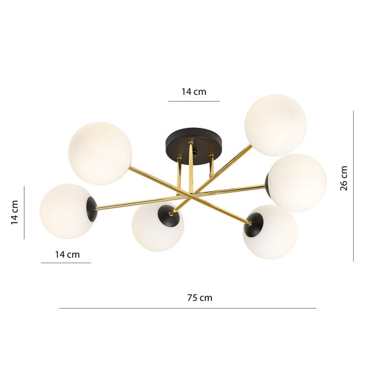 Large ceiling lamp brass black with balls in white glass 6x E14