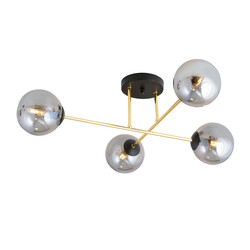 4 lampes E14 plafonnier élégant en laiton avec ampoules noires et fumées