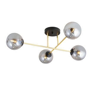 4 lamps E14 stijlvolle plafondlamp messing met zwart en fumé bollen