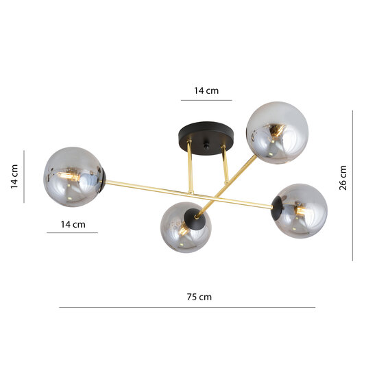 Emibig Emibig 4 Lampen E14 stilvolle Deckenleuchte aus Messing mit schwarzen und Rauchlampen - Ideal für moderne Innenräume und stimmungsvolle Beleuchtung