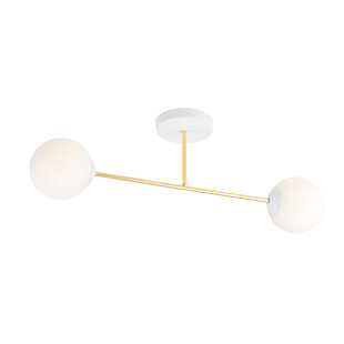 Kleine plafondlamp wit met messing en wit glas bollen 2x E14