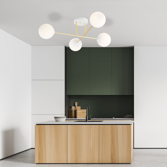 Emibig Emibig 4 lampes E14 plafonnier élégant en laiton avec ampoules en verre blanc et dépoli - Éclairage parfait pour chaque espace