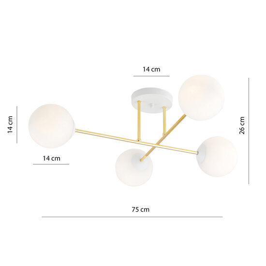 4 Lampen E14 stilvolle Deckenleuchte aus Messing mit weißen und mattierten Glasbirnen
