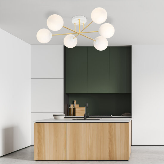 Grand plafonnier avec 6 boules en verre blanc E14