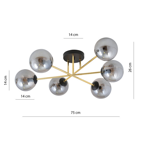 Large ceiling lamp with 6 fumed glass balls E14
