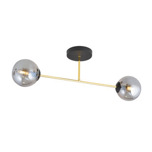 Kleine plafondlamp zwart met messing en gerookt glas bollen 2x E14