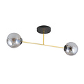 Kleine plafondlamp zwart met messing en gerookt glas bollen 2x E14