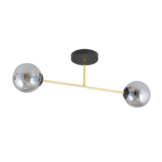 Kleine plafondlamp zwart met messing en gerookt glas bollen 2x E14