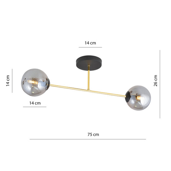 Small ceiling lamp black with brass and smoked glass bulbs 2x E14