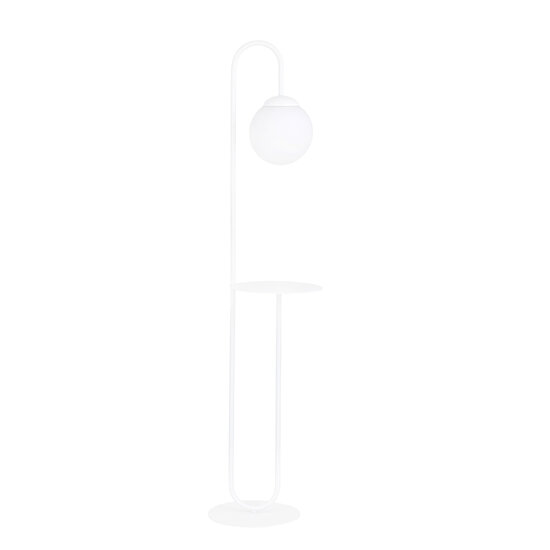 Witte staande lamp en bijzettafel met melkwit glazen bol
