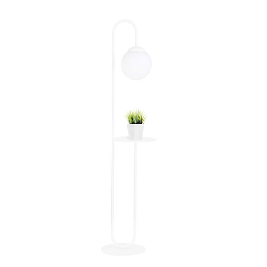 Witte staande lamp en bijzettafel met melkwit glazen bol