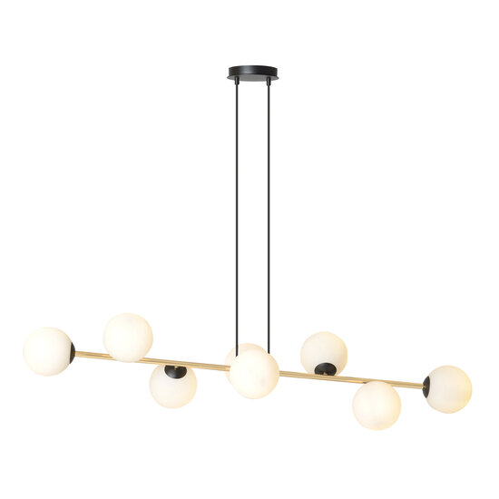 Suspension laiton et noir avec 8 boules en verre blanc