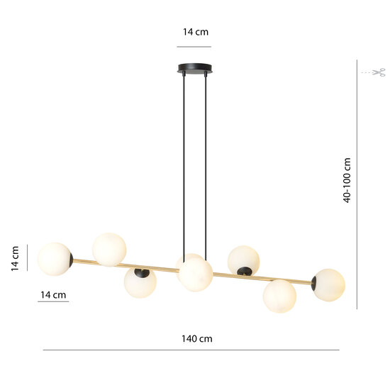 Suspension laiton et noir avec 8 boules en verre blanc
