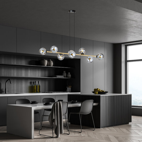 Pendelleuchte mit 8 Rauchlampen aus Messing und Schwarz