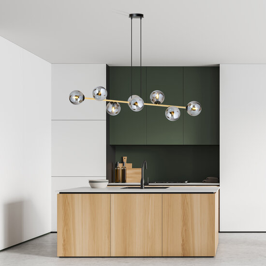 Pendellamp met 8 gefumeerde bollen messing en zwart