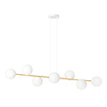 Pendellamp messing en wit met 8 witte glazen bollen