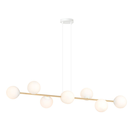 Pendant lamp brass and white with 8 white glass balls