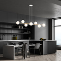 Pendellamp messing en wit met 8 witte glazen bollen