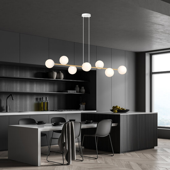 Pendant lamp brass and white with 8 white glass balls