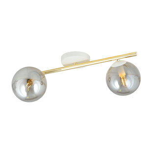 Plafondverlichting 2x E14 wit met messing en gerookt glas bollen