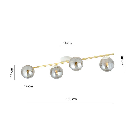 Plafondverlichting 4x E14 zwart met messing en gerookt glas bollen