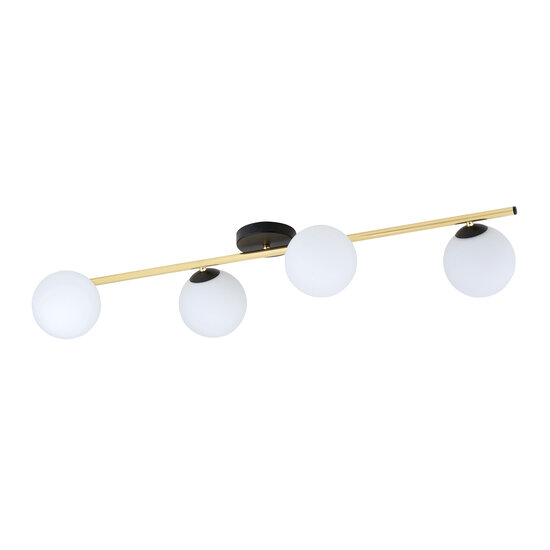 Design plafondlamp 4x E14 zwart met messing en melkglas bollen