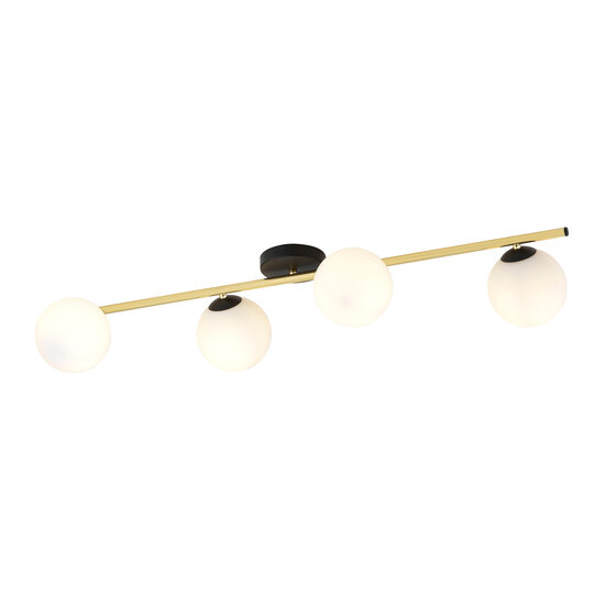 Design plafondlamp 4x E14 zwart met messing en melkglas bollen
