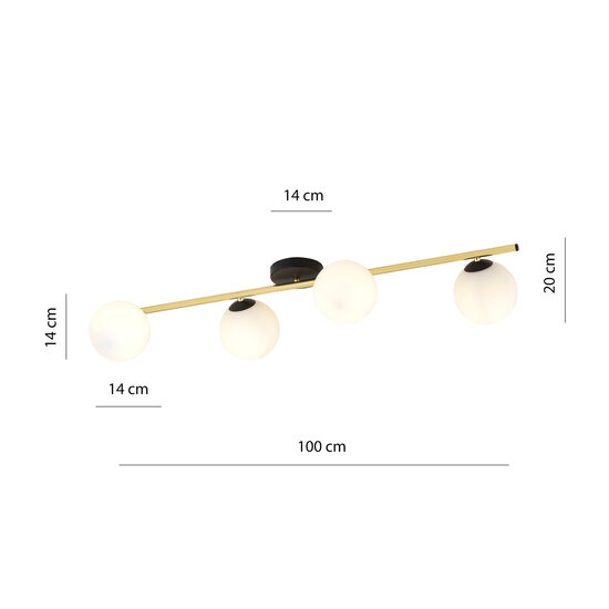 Plafonnier design 4x E14 noir avec ampoules en laiton et verre dépoli