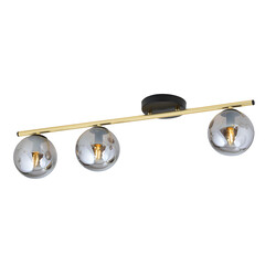 Lange plafondlamp 3x E14 messing en zwart met gerookte glazen bollen