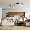Lange plafondlamp 3x E14 messing en zwart met gerookte glazen bollen