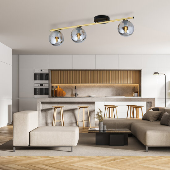 Emibig Emibig Lámpara de techo larga 3x E14 latón y negro con bolas de vidrio ahumado - Ideal para una iluminación elegante en su interior