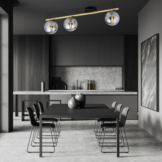 Lange plafondlamp 3x E14 messing en zwart met gerookte glazen bollen