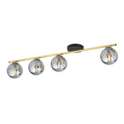 Lange plafondlamp 4x E14 messing en zwart met gerookte glazen bollen