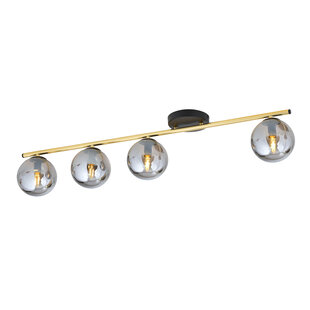 Long ceiling lamp 4x E14 brass and black with smoked glass balls