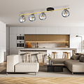 Long ceiling lamp 4x E14 brass and black with smoked glass balls
