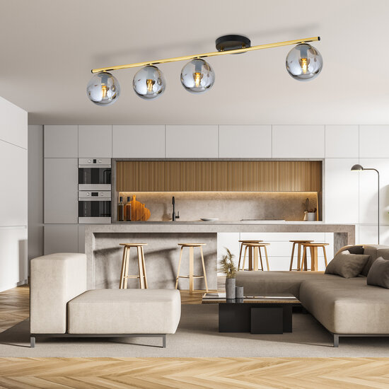 Long ceiling lamp 4x E14 brass and black with smoked glass balls
