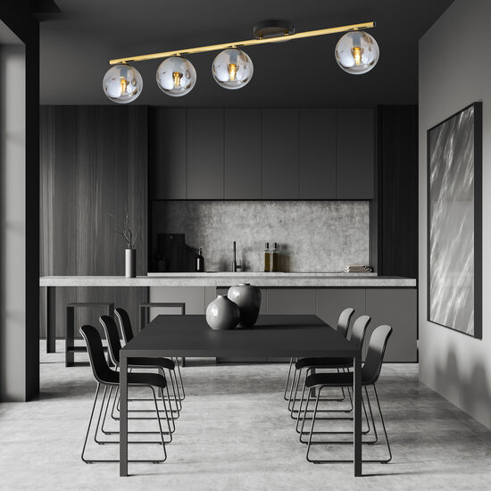 Long ceiling lamp 4x E14 brass and black with smoked glass balls