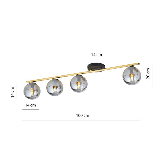 Long ceiling lamp 4x E14 brass and black with smoked glass balls