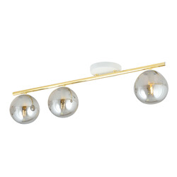 Lange wit en messing plafondlamp 3x E14 met gerookte glazen bollen