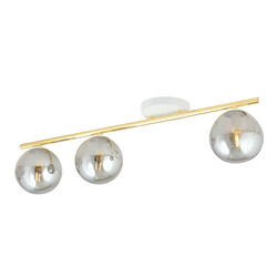 Long white and brass ceiling lamp 3x E14 with smoked glass balls