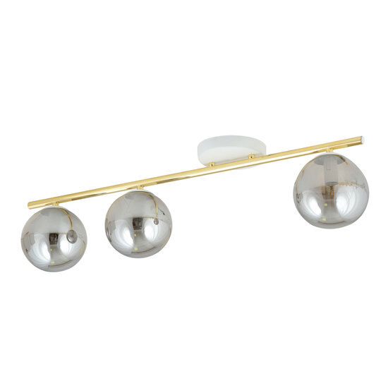 Lange wit en messing plafondlamp 3x E14 met gerookte glazen bollen