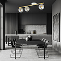 Lange wit en messing plafondlamp 3x E14 met gerookte glazen bollen