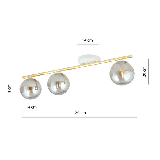 Lange wit en messing plafondlamp 3x E14 met gerookte glazen bollen