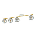 Lange 4x E14 wit en messing plafondlamp met gerookte glazen bollen
