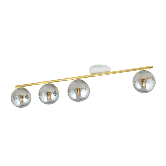 Lange 4x E14 wit en messing plafondlamp met gerookte glazen bollen