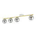Lange 4x E14 wit en messing plafondlamp met gerookte glazen bollen